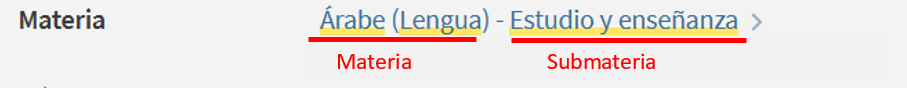 Captura de pantalla de la materia 'Árabe (Lengua) - Estudio y enseñanza', indicando que 'Árabe (Lengua)' es la materia principal y que 'Estudio y enseñanza' es la submateria