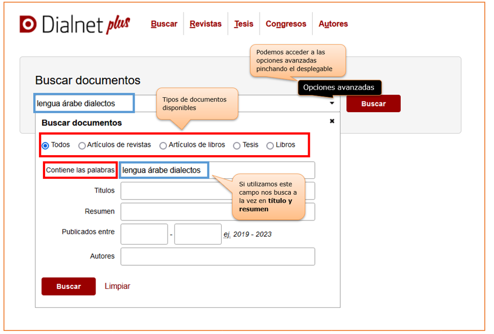 Captura de pantalla mostrando cómo acceder al formulario de búsqueda avanzada de Dialnet Plus y sus opciones: tipos de documentos, campos de búsqueda (Título, Resumen, Autor) y rango de fechas