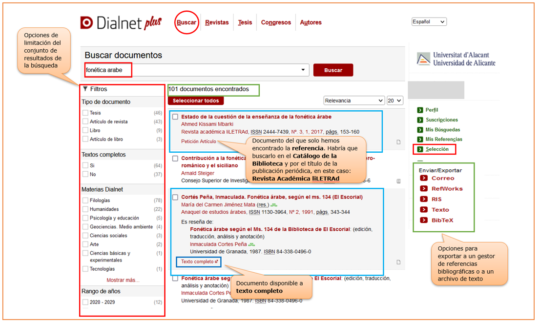 Captura de pantalla mostrando el resultado de buscar en Dialnet Plus documentos sobre 'fonética árabe' y las distintas opciones que ofrece la lista de resultados: filtros, acceso a textos completos, selección de resultados y opciones de exportación