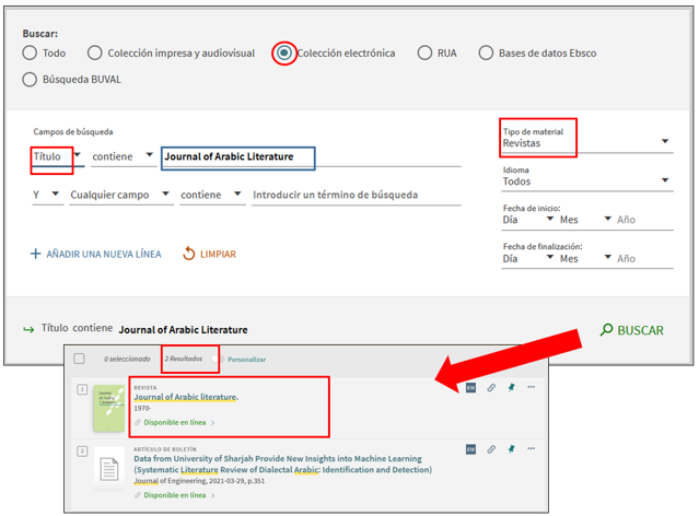 Captura de pantalla mostrando cómo buscar la revista 'Journal of Arabic Literature' utilizando el formulario de búsqueda avanzada