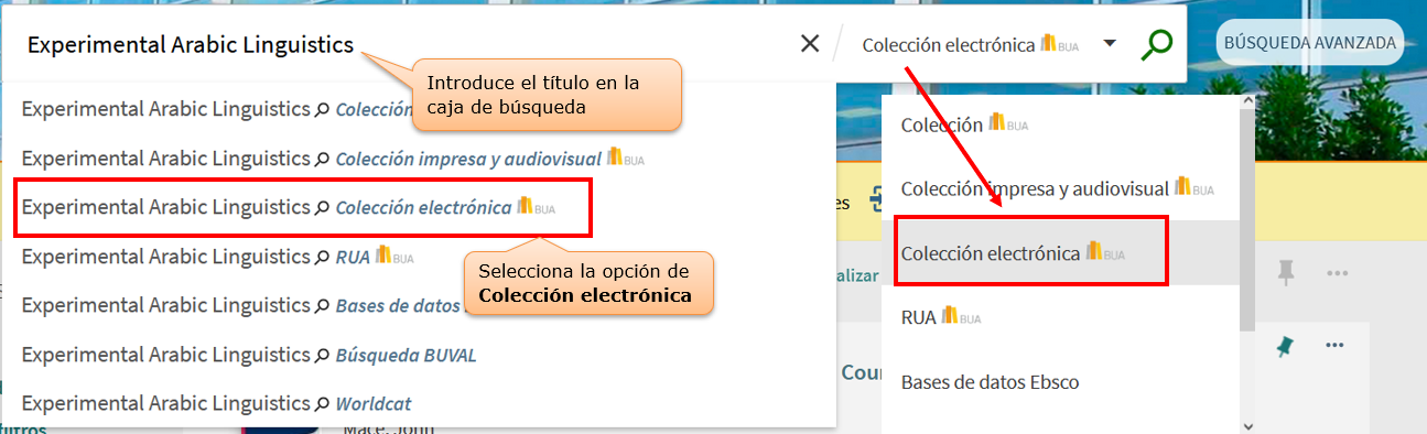 Captura de pantalla mostrando cómo buscar el libro electrónico "Experimental Arabic Linguistics" utilizando la búsqueda básica del catálogo, seleccionando la opción "Colección electrónica" 