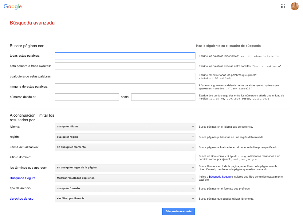 formulario de búsqueda avanzada