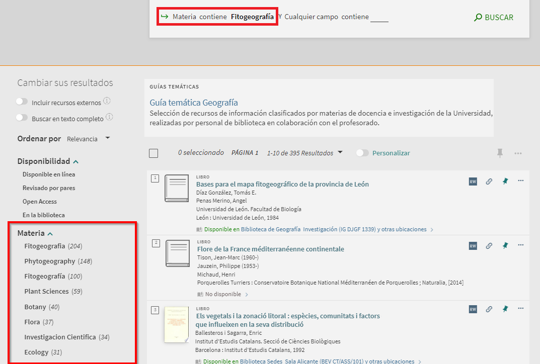 Captura de pantalla del catálogo, mostrando la lista de resultados tras buscar la materia 'Fitogeografía', señalando la ubicación del filtro 'Materia'.