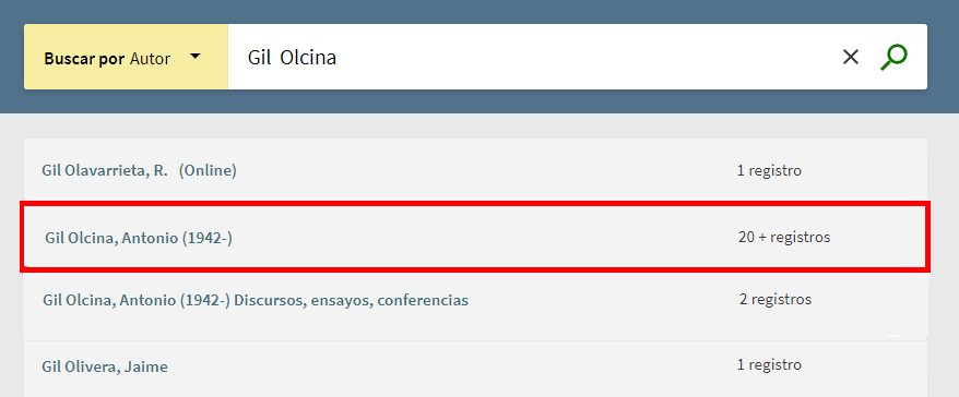 Captura de pantalla mostrando cómo buscar al autor Antonio Gil Olcina en el índice de autores del catálogo. 