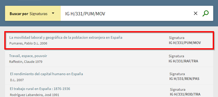 Captura de pantalla que muestra cómo usar la búsqueda por índices para buscar la signatura IG H/331/PUM/MOV, correspondiente al libro "La movilidad laboral y geográfica de la población extranjera en España".