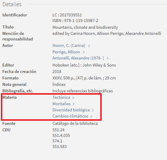 Captura de pantalla del catálogo en la que se muestra que el libro 'Mountains, climate and biodiversity' tiene asignadas cuatro materias.