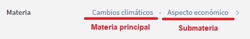 Captura de la materia 'Cambios climáticos - Aspecto económico', indicando que 'Cambios climáticos' es la materia principal y que 'Aspecto económico' es la submateria