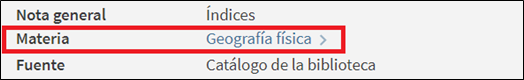 Captura de pantalla del catálogo en la que se muestra que el libro 'Introducing physical geography' tiene asignada la materia 'Geografía física'.