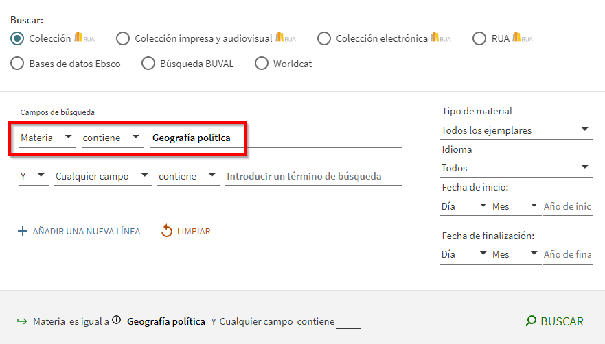 Captura de pantalla del catálogo mostrando cómo buscar la materia 'Geografía política' utilizando el formulario de búsqueda avanzada