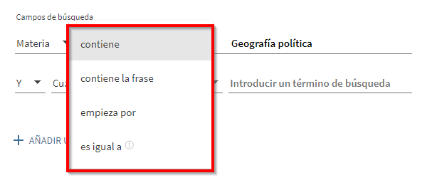Captura de pantalla en la que se muestran las distintas opciones de búsqueda por materia