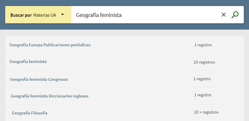 Captura de pantalla del catálogo mostrando el resultado de buscar 'Geografía feminista' en el índice de materias