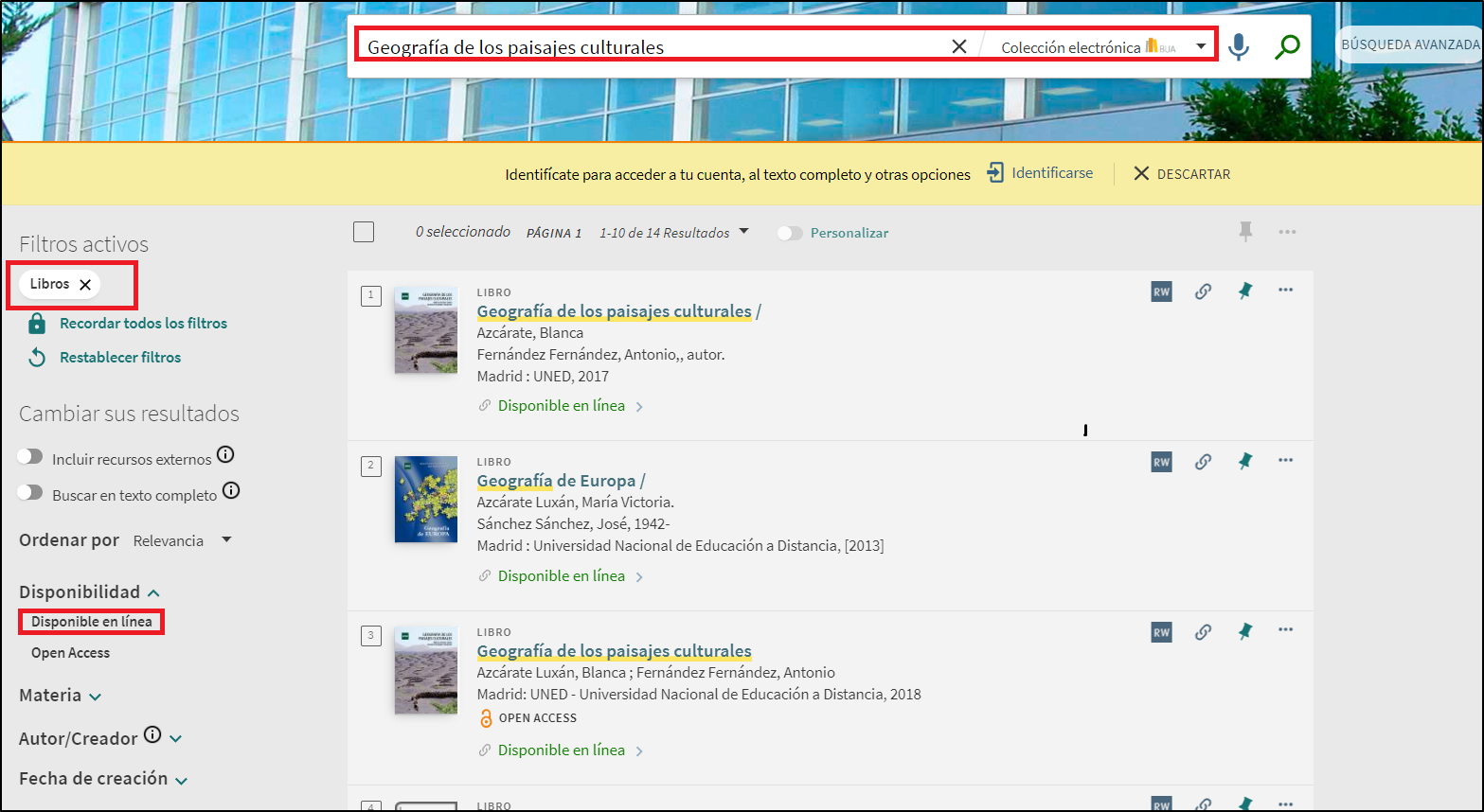 Captura de pantalla mostrando la aplicación de los filtros 'Disponible en línea' y 'Libros' en la lista de resultados.