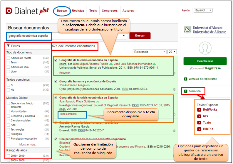 Captura de pantalla mostrando el resultado de buscar en Dialnet Plus documentos sobre 'geografia económica española' y las distintas opciones que ofrece la lista de resultados: filtros, acceso a textos completos, selección de resultados y opciones de exportación
