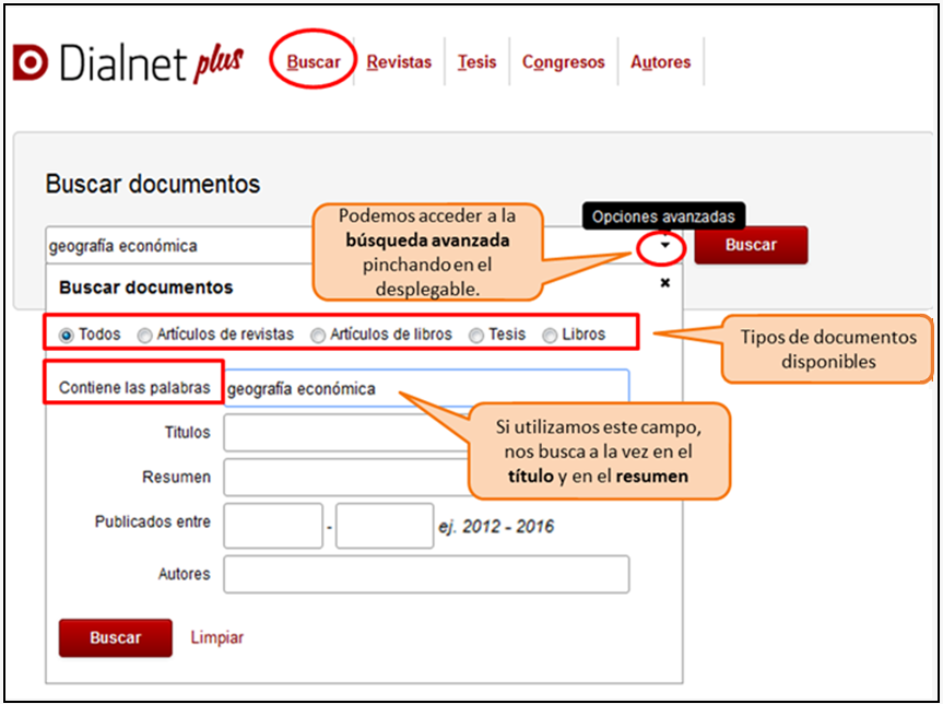 Captura de pantalla mostrando cómo acceder al formulario de búsqueda avanzada de Dialnet Plus y sus opciones: tipos de documentos, campos de búsqueda (Título, Resumen, Autor) y rango de fechas