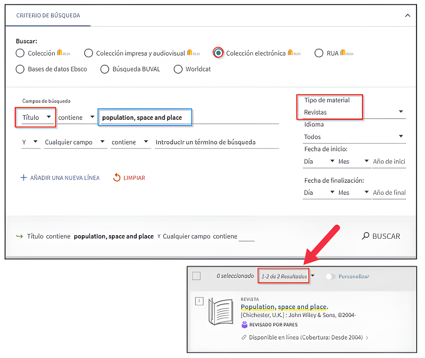 Captura de pantalla mostrando cómo buscar la revista 'Population, space and place' utilizando el formulario de búsqueda avanzada 