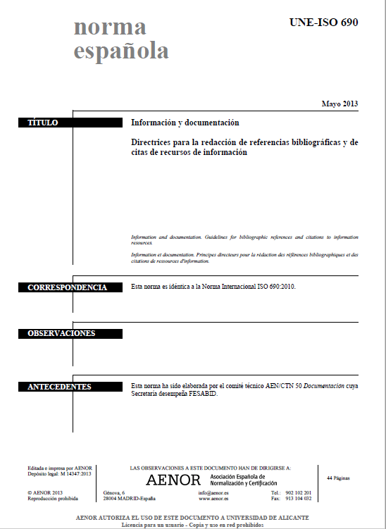 Portada de la traducción publicada por la UNE en 2013 de la norma ISO 690