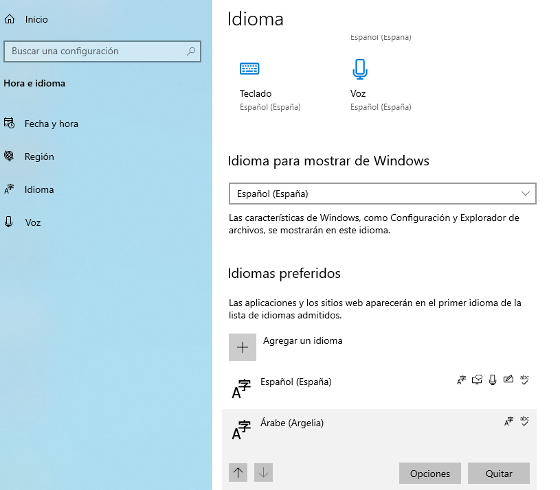 Idiomas preferidos Windows