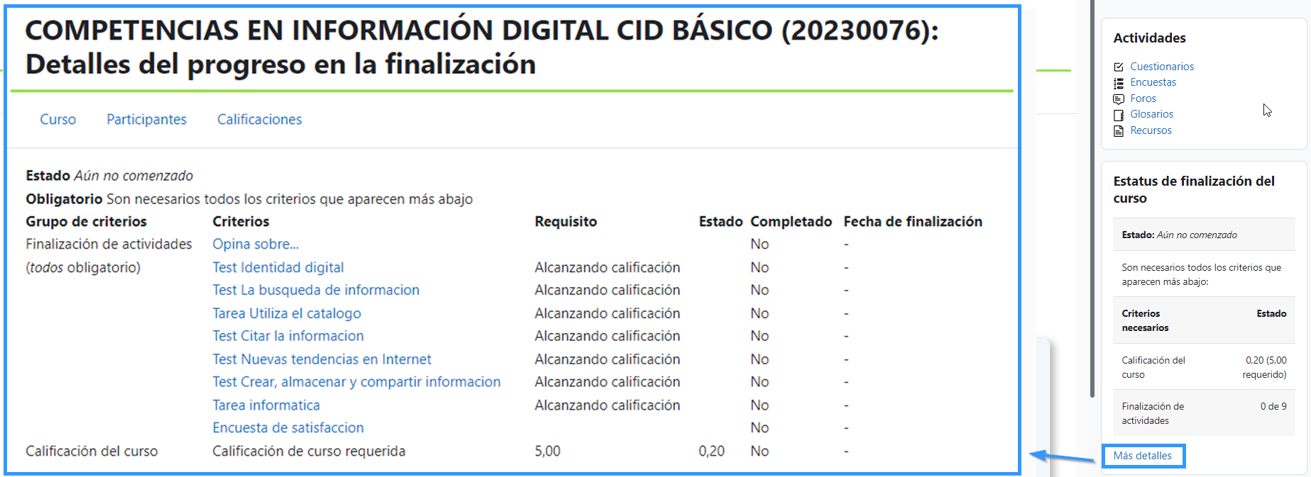 Estatus de finalización del curso Estatus de finalización del curso y detalles