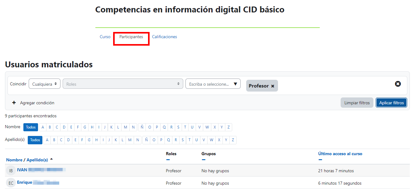 Buscar profesor en el apartado de participantes