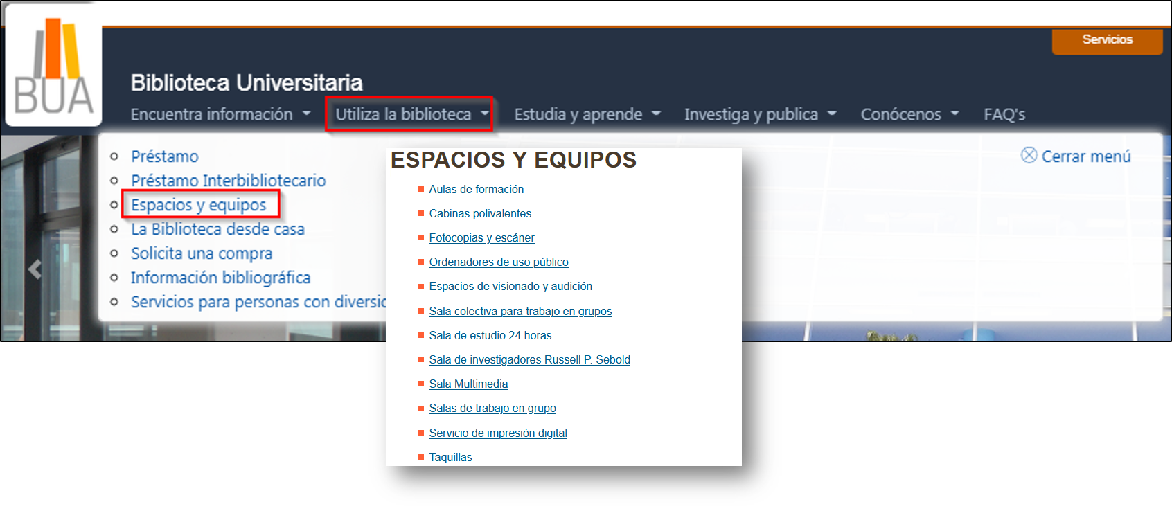 Espacios y equipos disponibles en la BUA