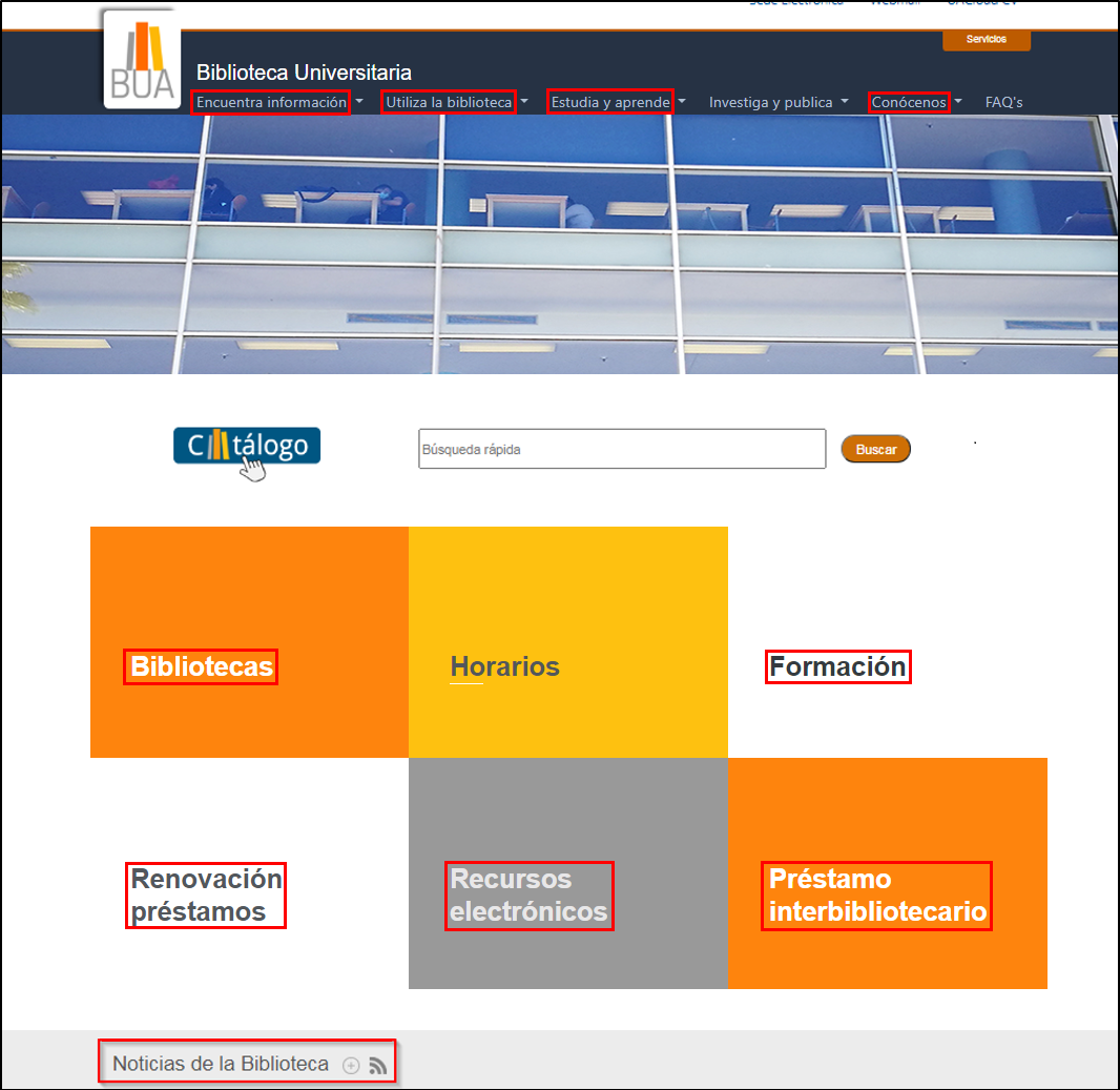 Página de inicio de la web de la Biblioteca Universitaria con diversa información disponible
