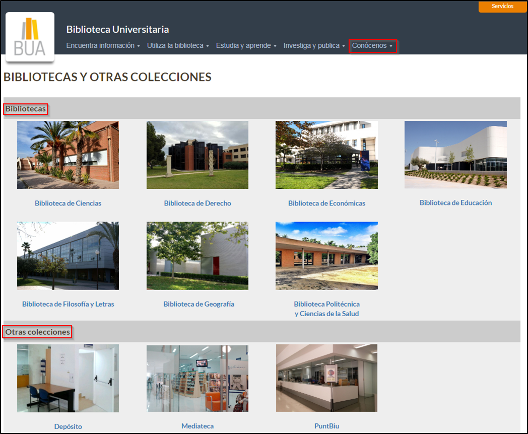 Relación de bibliotecas y otras colecciones que forman parte de la BUA