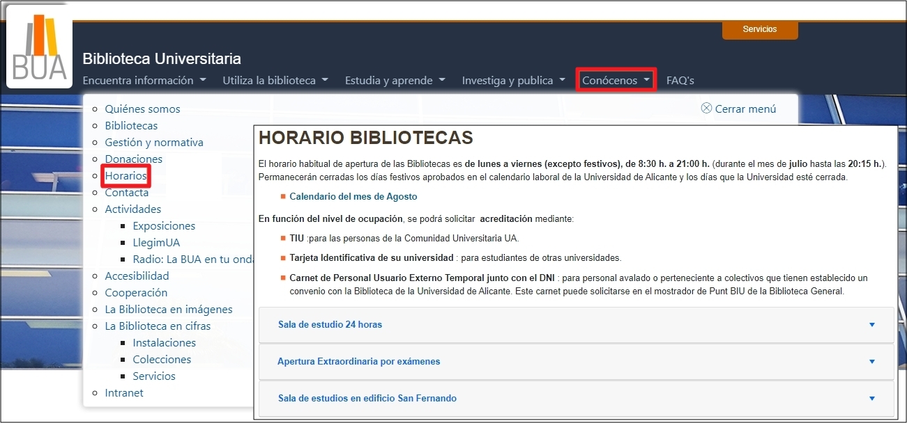 Horario de las bibliotecas de la UA durante el curso académico