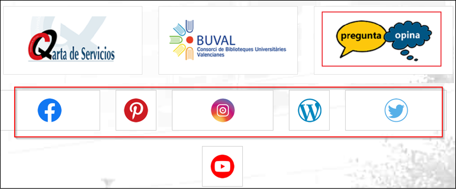 Iconos de redes sociales de la BUA así como del buzón de quejas y sugerencias