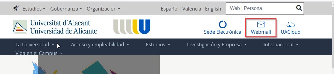 Aparece la página principal de la UA con la opción de webmail resaltada