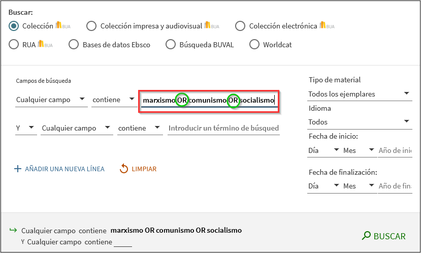 Imagen del formulario de búsqueda avanzada del catálogo, en el que se utiliza el operador OR para combinar los términos marxismo O comunismo O socialismo, en cualquier campo.