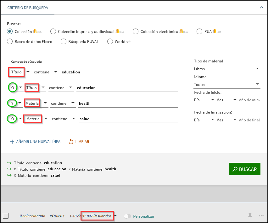 Búsqueda realizada incorrectamente en el formulario de búsqueda avanzada, combinando los términos education y educación con el operador OR en el campo título en diferentes líneas de búsqueda y los términos health y salud con el operador OR en el campo materia en diferentes líneas de búsqueda.