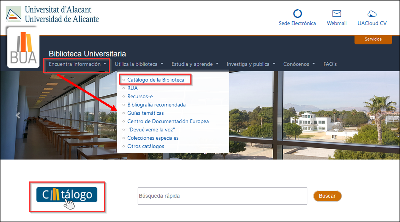 Imagen que muestra el acceso al catálogo desde la página web de la BUA. A través del epígrafe encuentra información o del icono del catálogo en el cuadro de búsqueda.