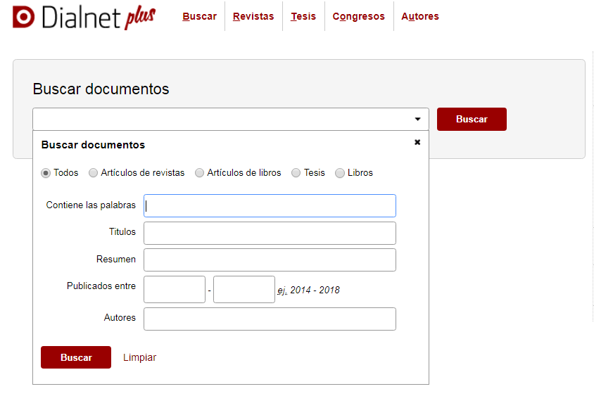 Imagen del formulario de búsqueda avanzada de Dialnet plus, para buscar cualquier tipo de documento. Permite combinar los términos de búsqueda (en los campos Contiene las palabras, Títulos o Resumen), con la fecha de publicación y los autores.