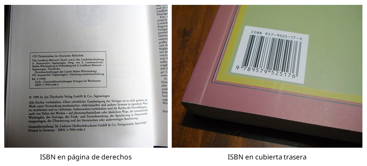 Ejemplos de números ISBN en la página de derechos y en la cubierta trasera de libros