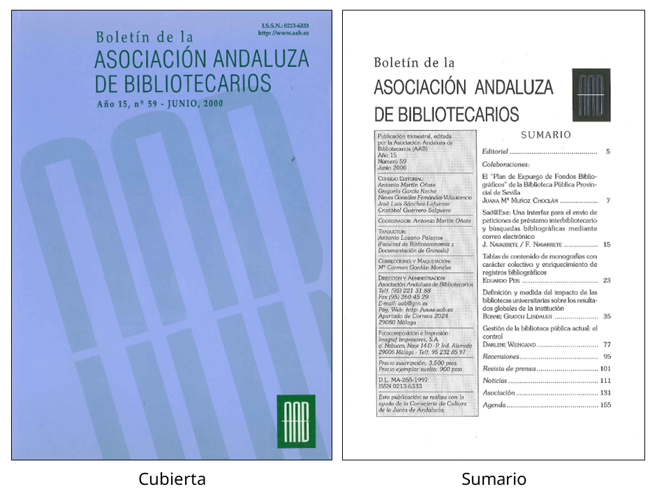 Cubierta y sumario del número 59 del 'Boletín de la Asociación Andaluza de Bibliotecarios'