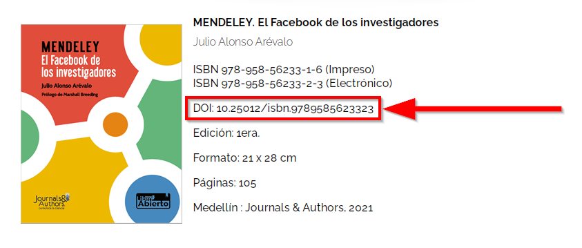 Captura de pantalla de la ficha del libro 'Mendeley: el Facebook de los investigadores', destacando los números ISBN correspondientes a las versiones impresa y electrónica y el identificador DOI.