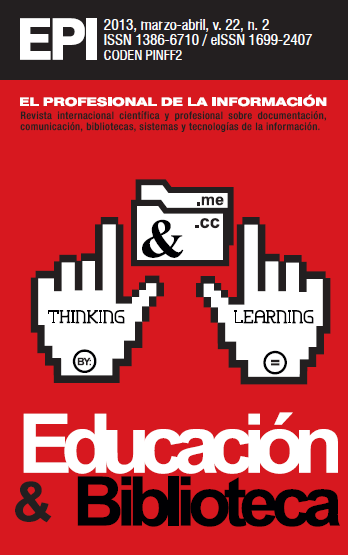 Cubierta del vol. 22, n. 2 de la revista 'El profesional de la información', correspondiente a marzo-abril de 2013