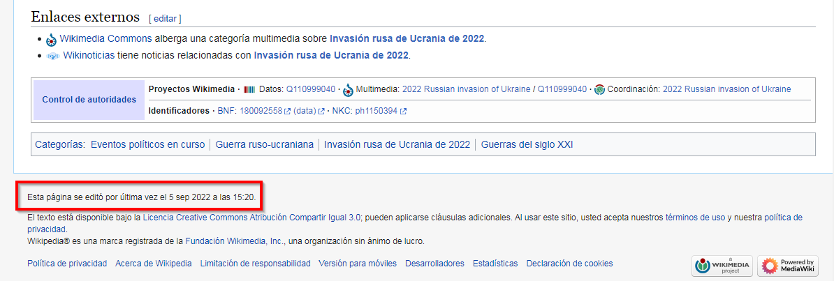 Captura de pantalla del pie de página del artículo de Wikipedia dedicado a la guerra de Ucrania, en la que aparece la fecha y la hora de la última edición.