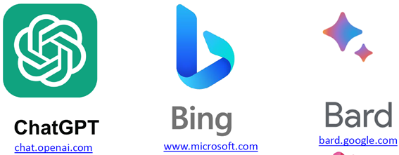 Imagen con el logo y la web de los tres chats de IA más destacados: ChatGPT, Bing y Bard