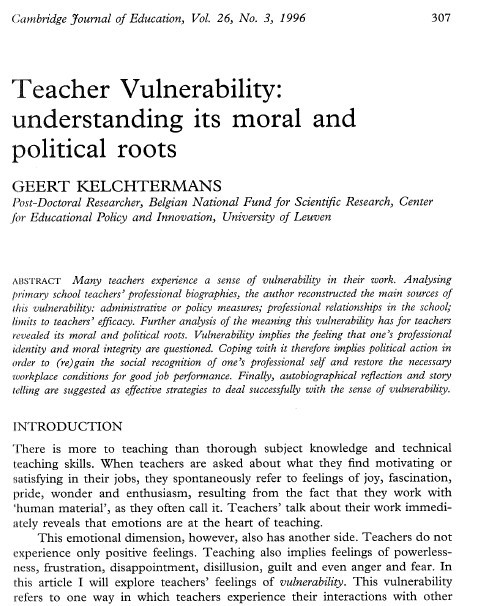 Primera pàgina de l'article "Teacher Vulnerability" de Geert Kelchtermans, amb los dades de publicació de l'article