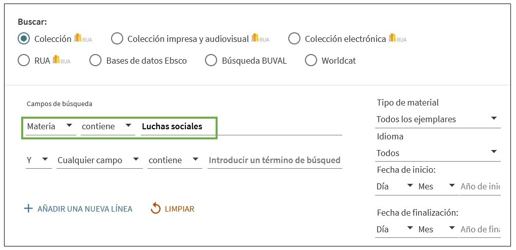 Captura de pantalla del catálogo mostrando cómo buscar la materia 'Luchas sociales' utilizando el formulario de búsqueda avanzada.
