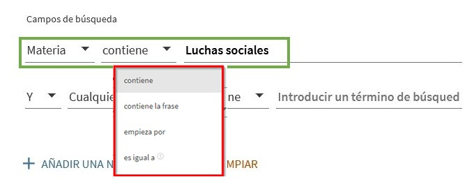 Captura de pantalla en la que se muestran las distintas opciones de búsqueda por materia.