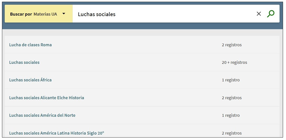 Captura de pantalla del catálogo mostrando el resultado de buscar 'Luchas sociales' en el índice de materias.