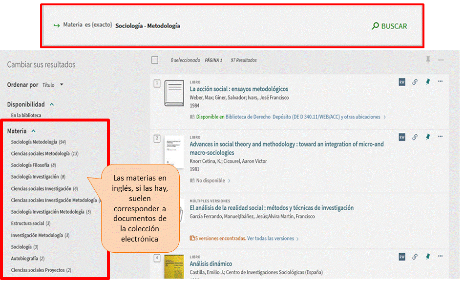 Captura de pantalla del catálogo, mostrando la lista de resultados tras buscar la materia 'Sociología - Metodología', señalando la ubicación del filtro 'Materia'.