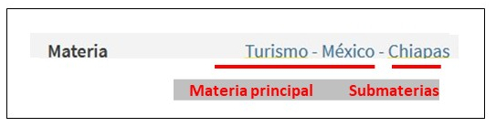Captura de la materia 'Turismo – México - Chiapas', indicando que 'Turismo' es la materia principal y que México - Chiapas' son submaterias.