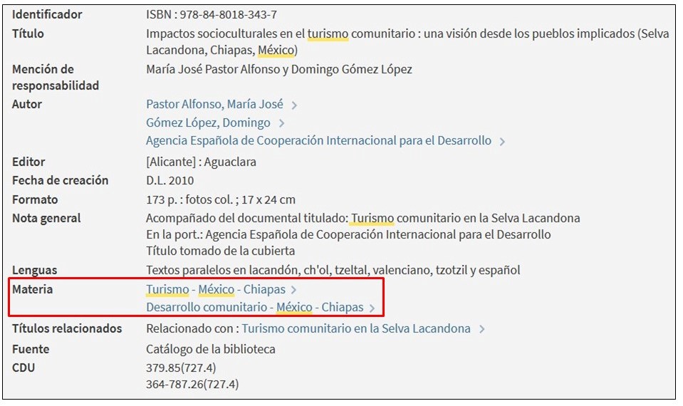 Registro de catalogo del libro Impactos socioculturales en el turismo comunitario