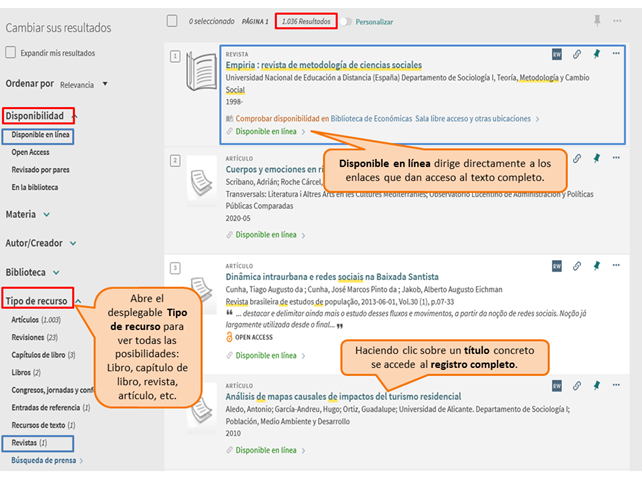 Captura de pantalla mostrando cómo aplicar los filtros 'Disponible en línea' y tipo de material 'Revistas' en la página de resultados