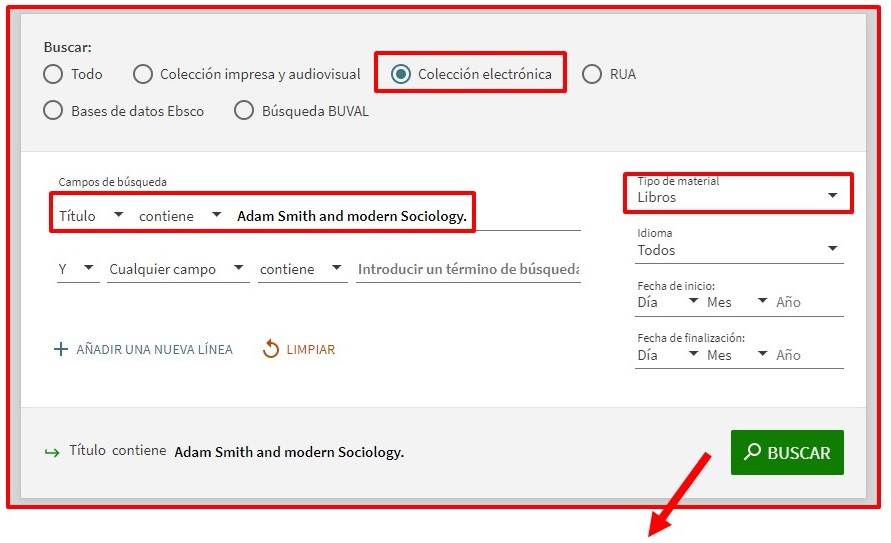 Captura de pantalla mostrando cómo utilizar el formulario de búsqueda avanzada del catálogo para buscar el libro-e 'Adam Smith and modern Sociology'.