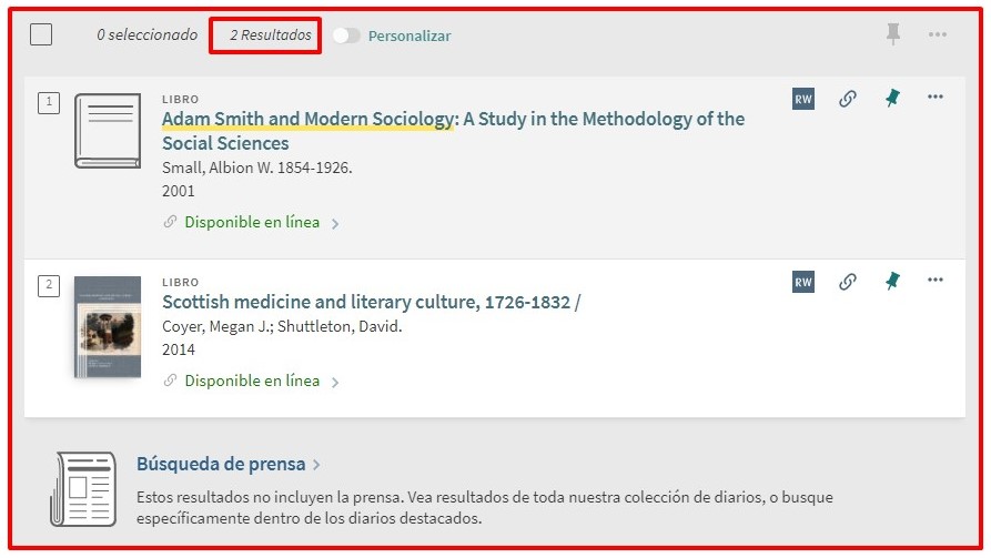 Captura de pantalla mostrando cómo utilizar el formulario de búsqueda avanzada del catálogo para buscar el libro-e 'Adam Smith and modern Sociology'.