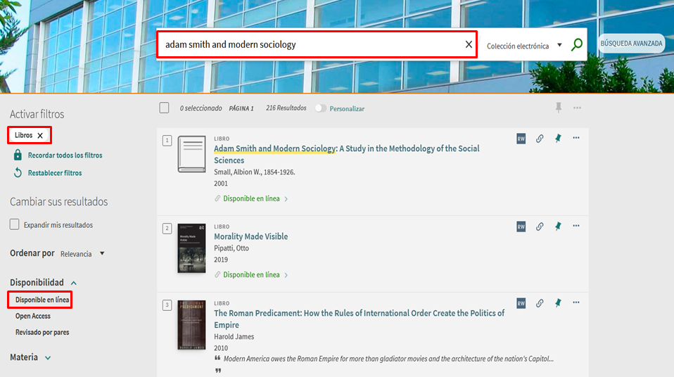 Captura de pantalla mostrando la aplicación del filtro 'Libros' en la lista de resultados.